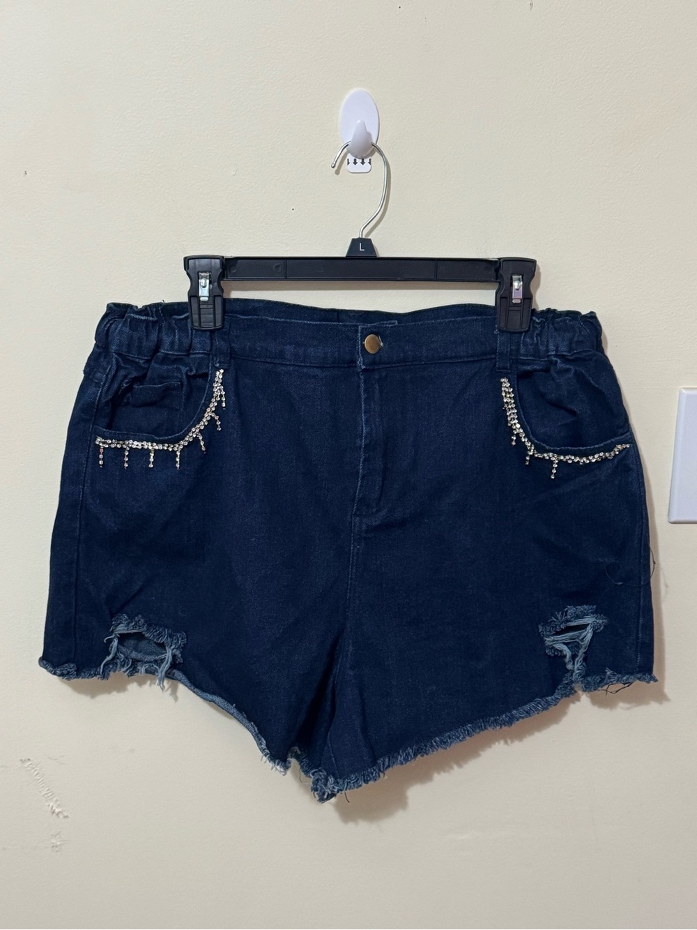 Dark Indigo Rhinestone-Trim High-Rise Denim Shorts